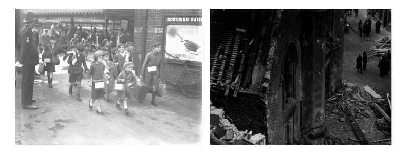 Black and white photos of children evacuees at Reading Station and bomb wreckage at Reading Town Hall